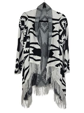 Boho Southwestern Fringe Knit Cardigan L Black White Long Sleeve Open Front Wrap